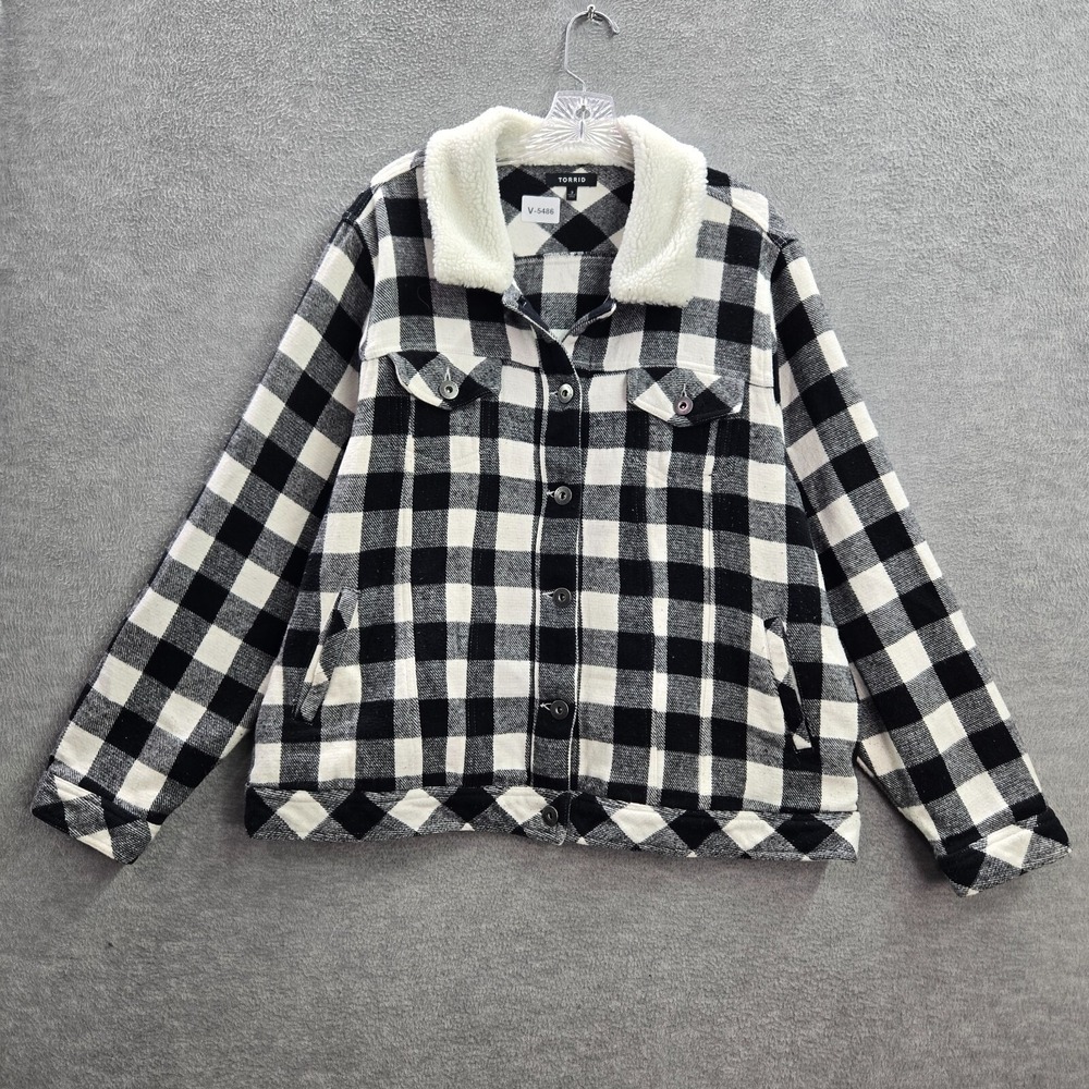 Torrid Women Jacket 3 Gray‎ Buffalo Plaid Trucker Faux Fur Collar